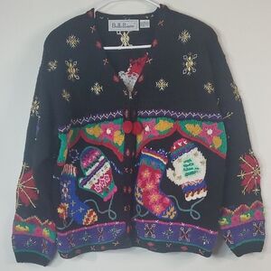 Vintage Bellepointe Embroidered Embellished Zip Up Christmas Sweater Size XL Wms